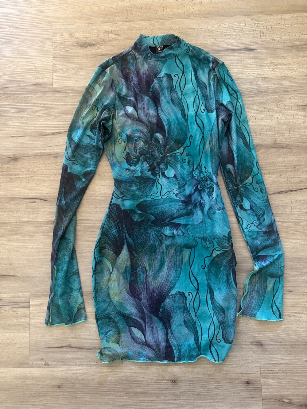 Windsor Teal & Turquoise Floral Mock-Neck Long Sleeve Mini Dress